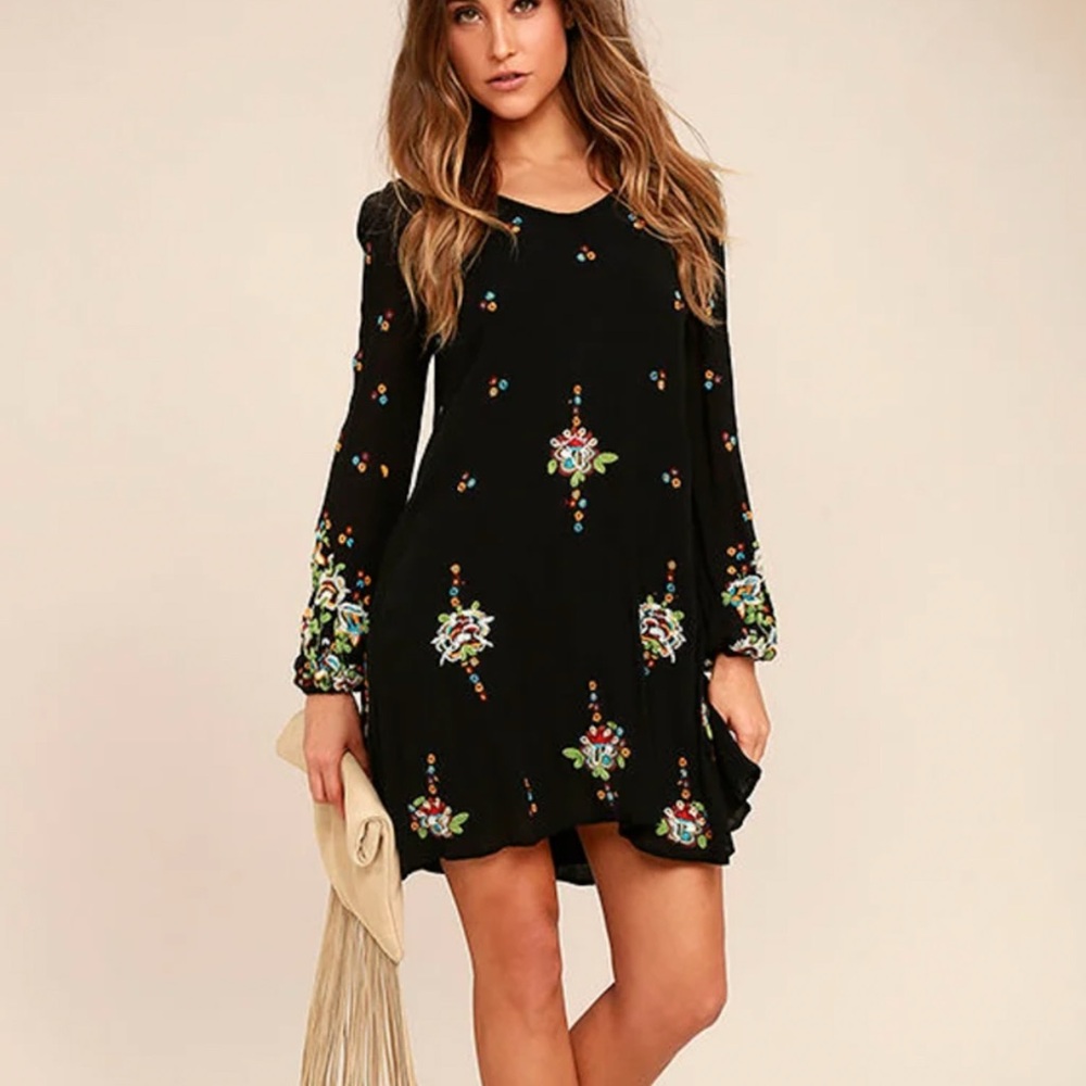 NWOT Free People Oxford Black Embroidered Boho Swing Dress | Size Small